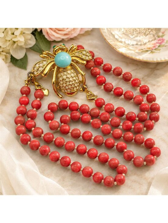Estate Jewelry - Red Faux Coral Glass Bead Bee Brooch Clasp Necklace 57 in Vintage